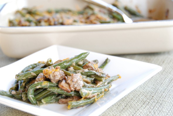 green bean casserole with sausage and creole flavors