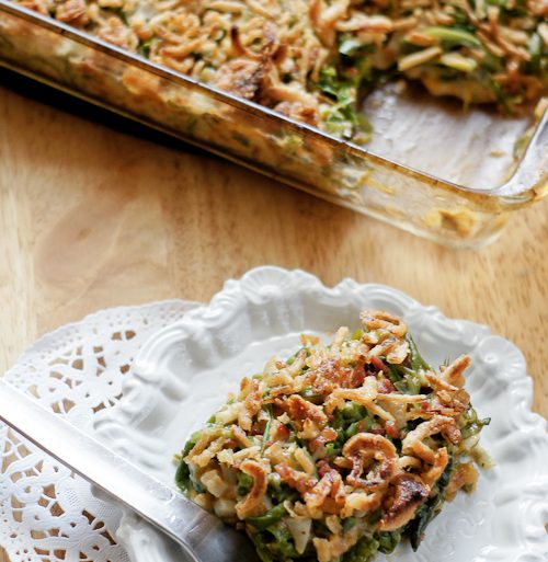 green bean casserole with water chestnuts and bacon bits