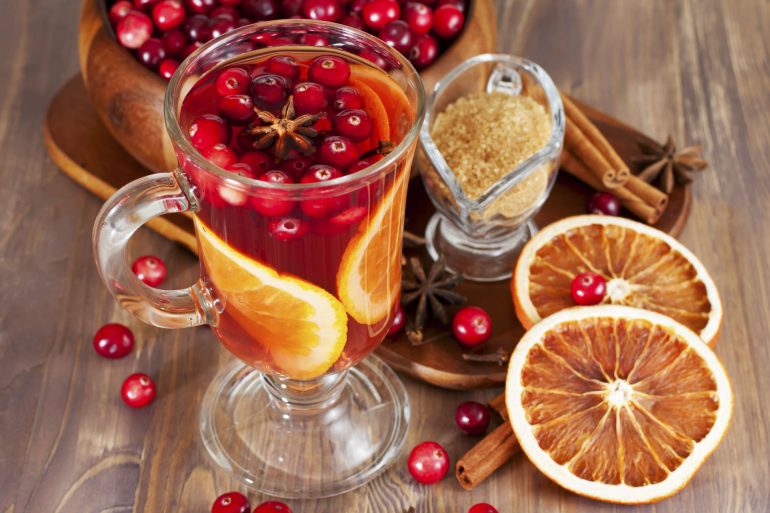 Hot mulled wine with cranberries and orange