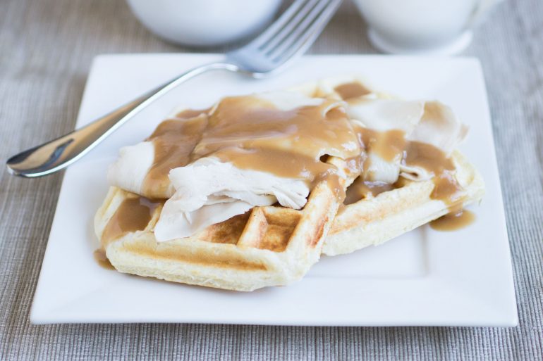 Use up that leftover Thanksgiving turkey and gravy for breakfast with homemade waffles with turkey and gravy. | Get more recipes at MakeItGrateful.com
