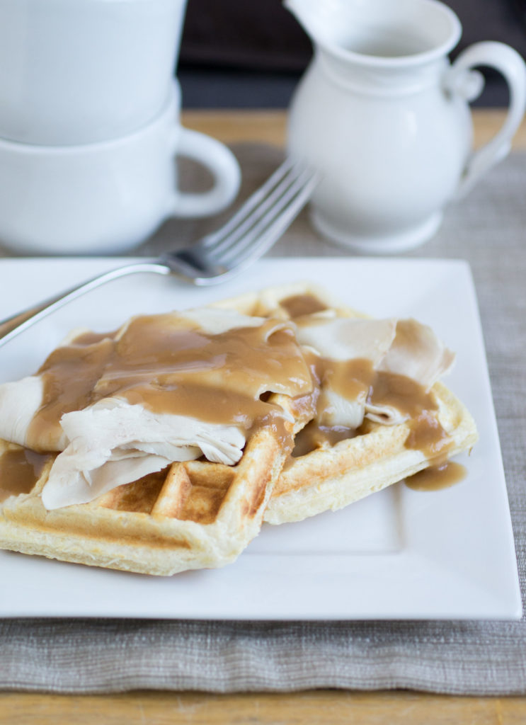 Waffles with leftover Thanksgiving turkey and gravy