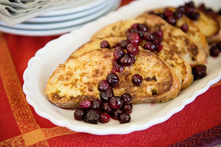 French toast with maple cranberry sauce for Thanksgiving breakfast from MakeItGrateful.com. Use up those Thanksgiving leftover cranberries!