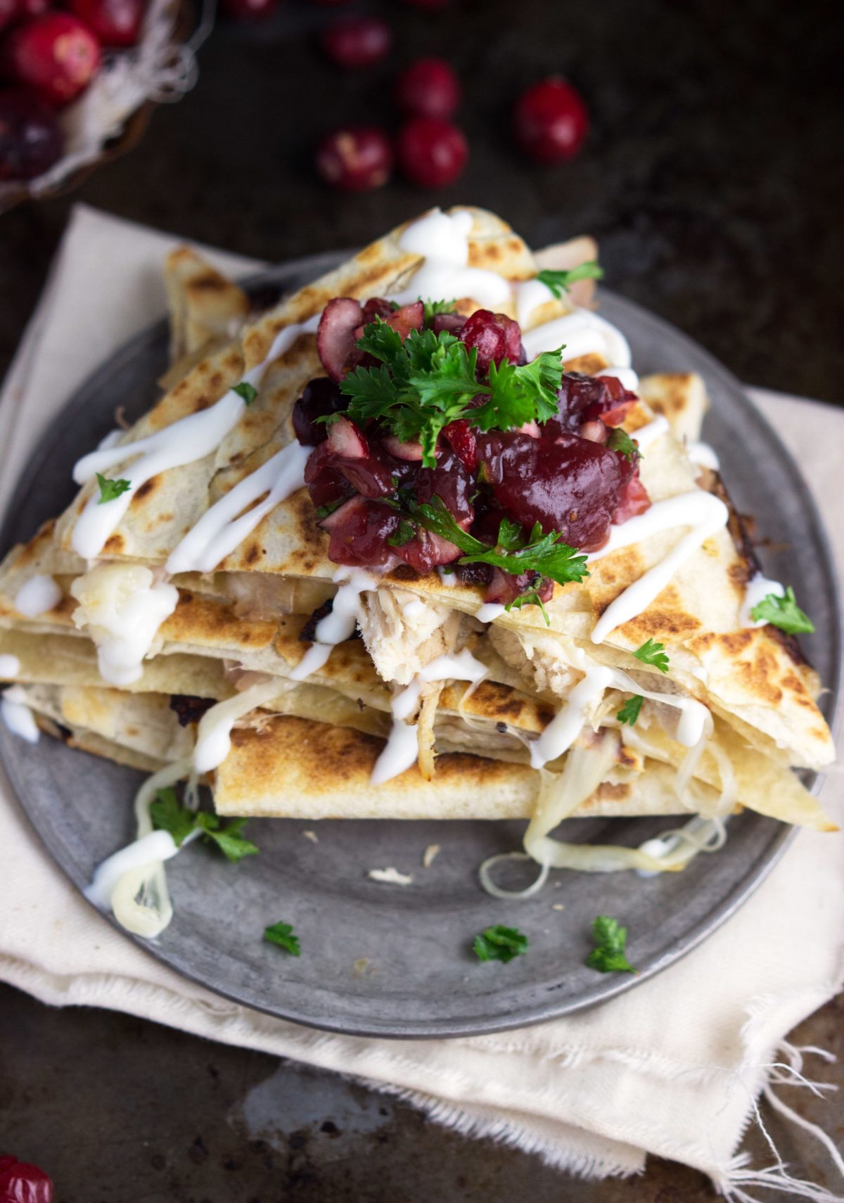 Use up Thanksgiving leftover turkey and cranberries in this turkey quesadilla with homemade cranberry salsa recipe | MakeItGrateful.com