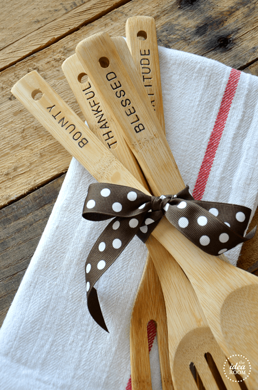 These hand-stamped wooden utensils make an affordable and useful Thanksgiving hostess gift or party favor.