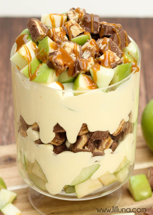 Apples, Snickers and pudding make up this Apple Snickers Salad Dessert