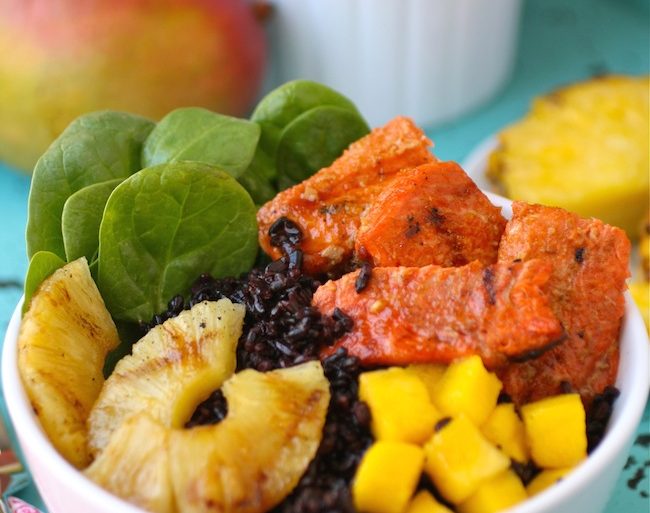 glazed, spicy salmon, fresh fruit and rice in one hearty meal
