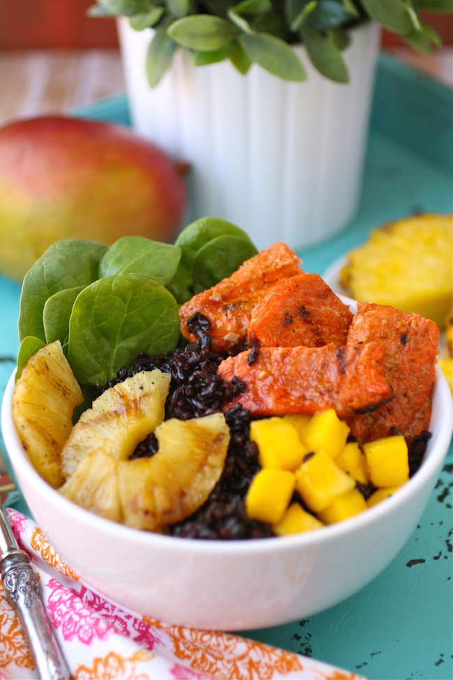 glazed, spicy salmon, fresh fruit and rice in one hearty meal