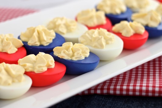 Red, white and blue dyed deviled eggs