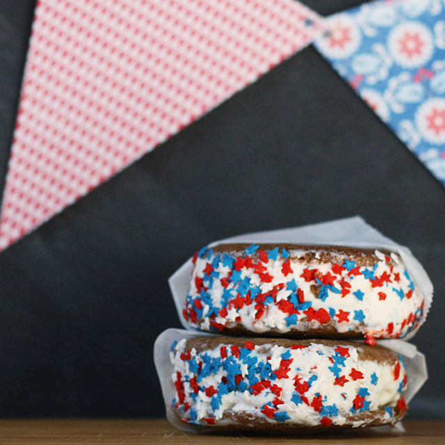 Red, white and blue cookie ice cream sandwiches 