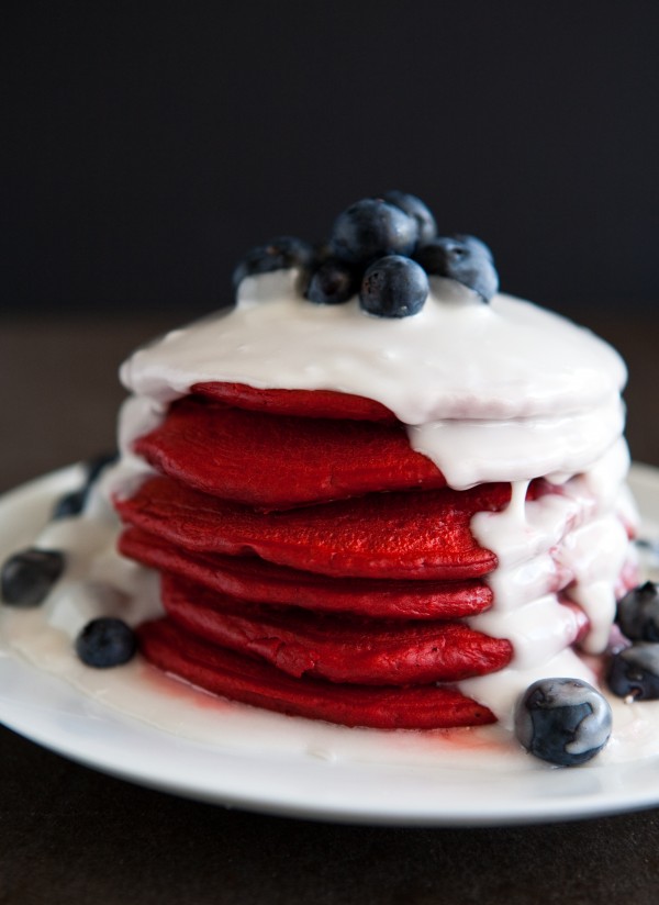 Patriotic Red Velvet Pancakes with Coconut Syrup and Blueberries