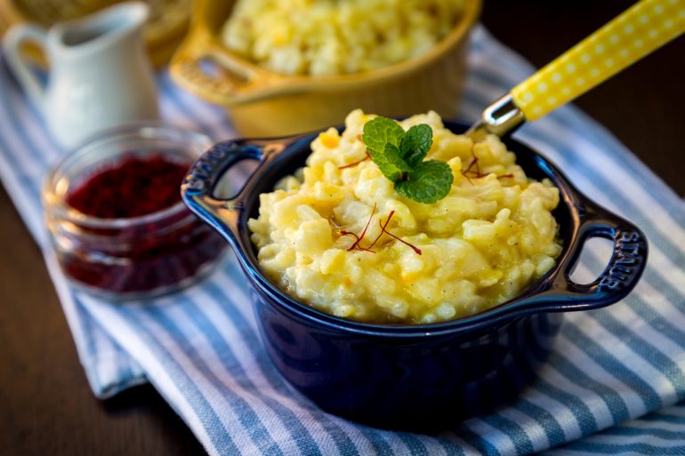 Spiced Rice Pudding with Saffron Syrup