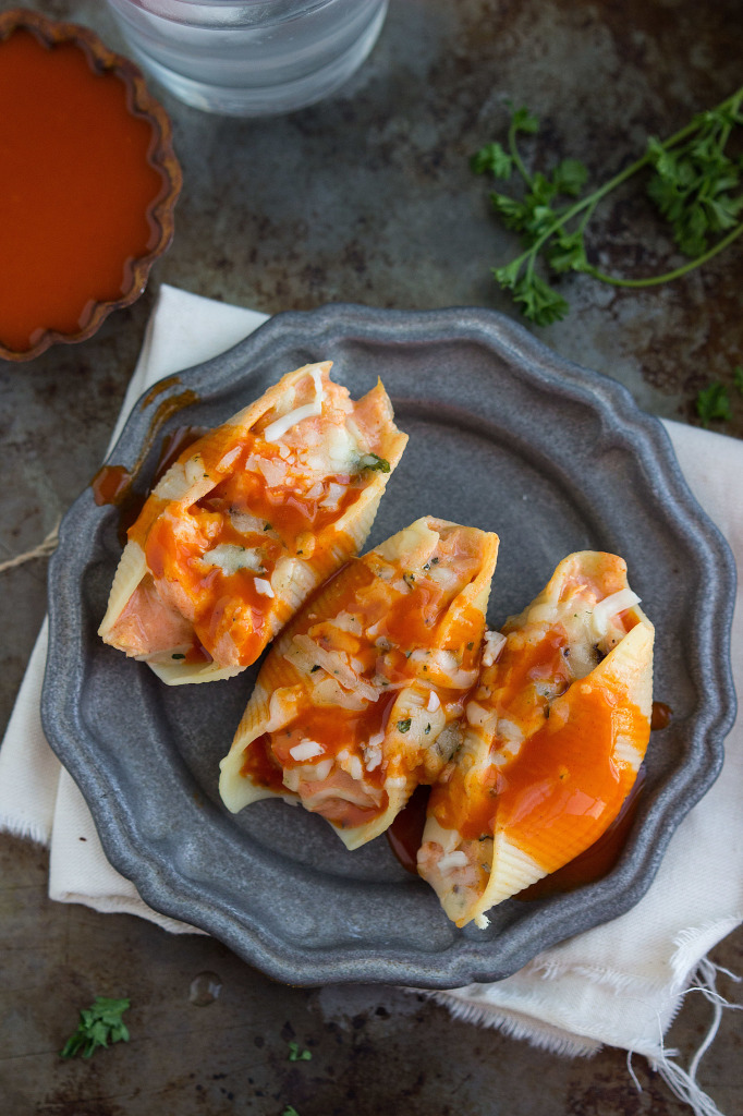 Great way to use up those Thanksgiving turkey leftovers: Buffalo turkey stuffed shells with ricotta and Monterey jack cheeses