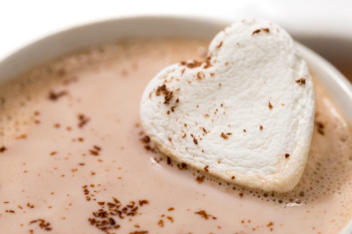 Amaretto hot chocolate with heart marshmallows