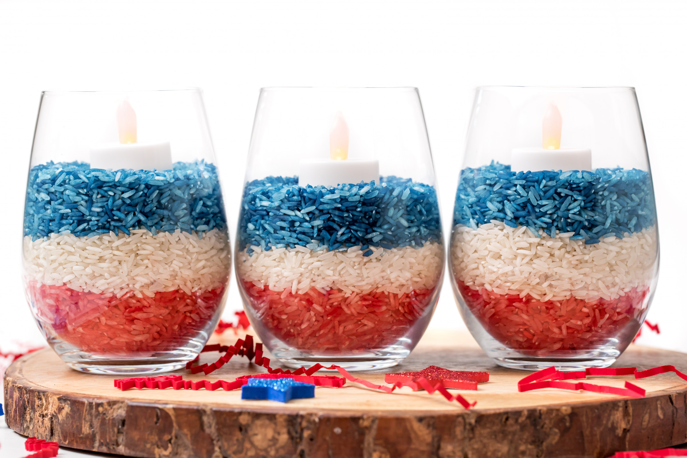 SELECT PATRIOTIC GLASS STAR CANDLE HOLDERS 1”X3” Red Clear Blue & CANDLES Item
