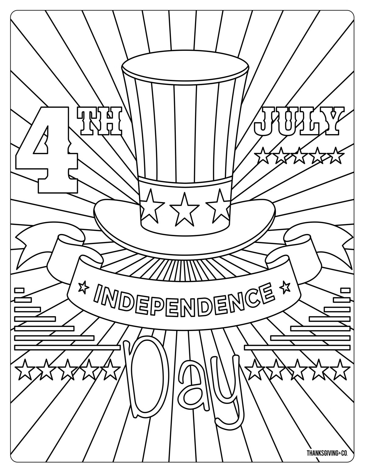 4th of July coloring page - Uncle Sam's hat on a patriotic sunburst
