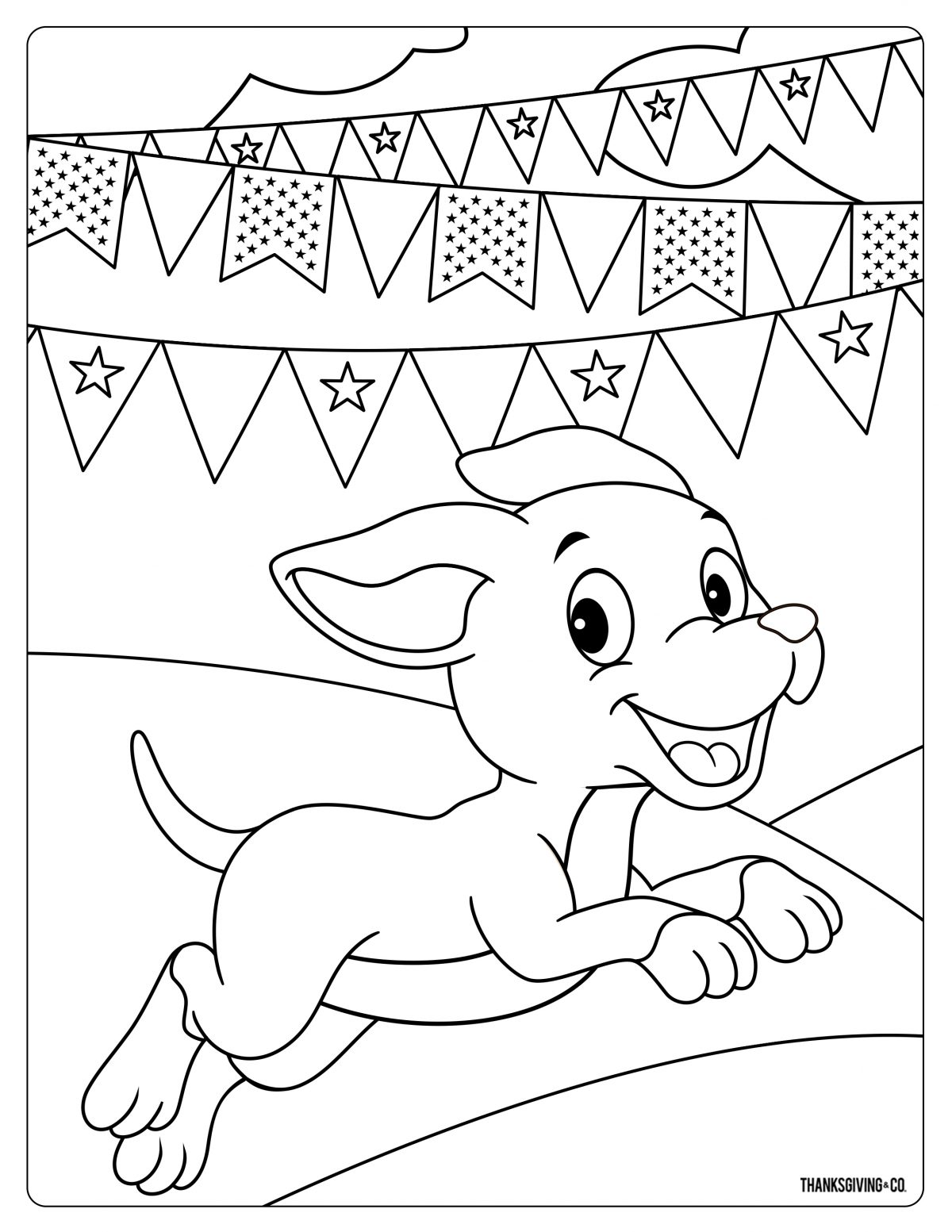 Independence Day coloring page: Puppy with flag banners