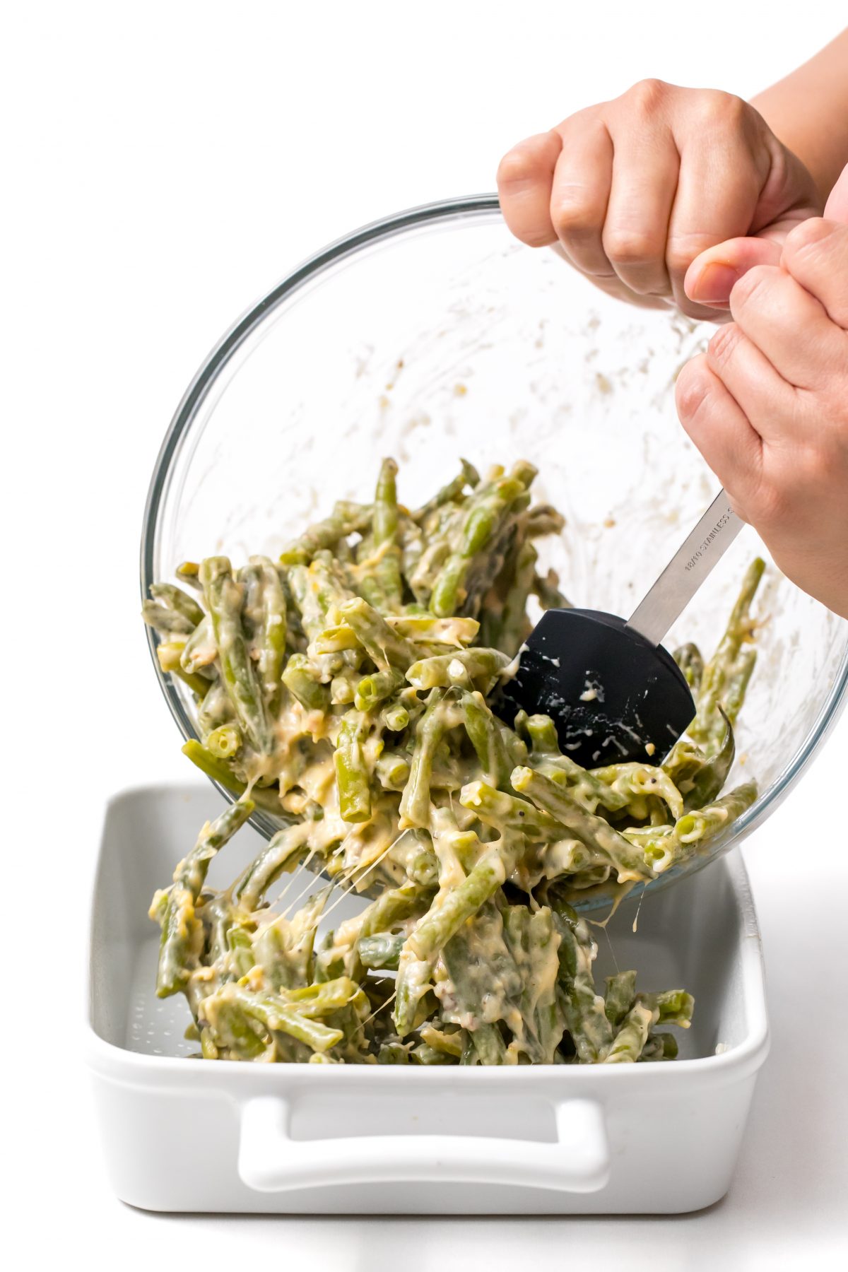 Transfer the green beans to a greased casserole dish.