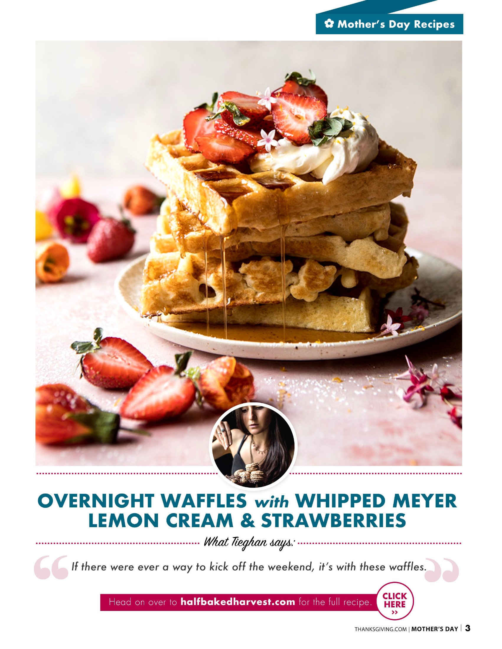 Overnight waffles with whipped Meyer lemon cream and strawberries