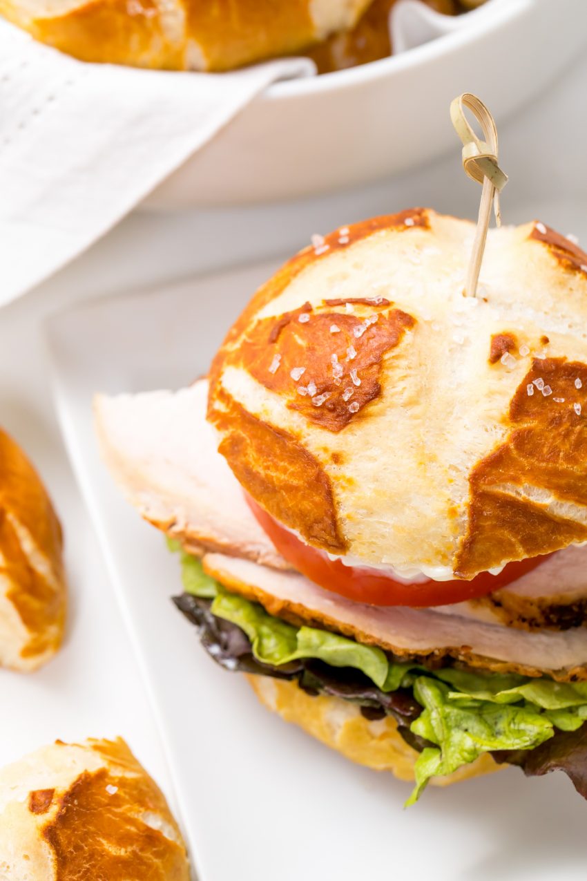 5D4B5950 - Easy Pretzel Rolls - turkey meat sandwich with a pretzel bun