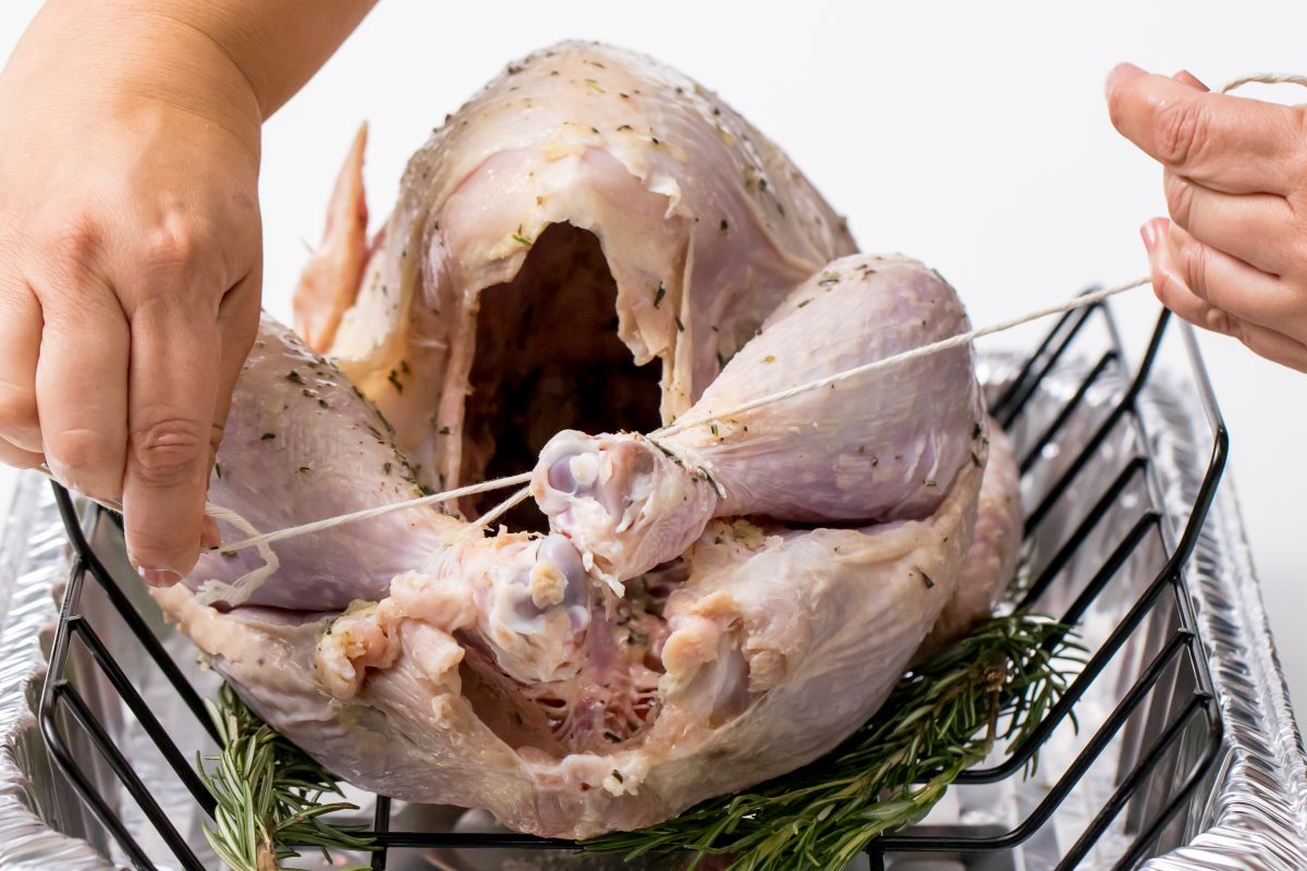Tie the turkey legs together with string.