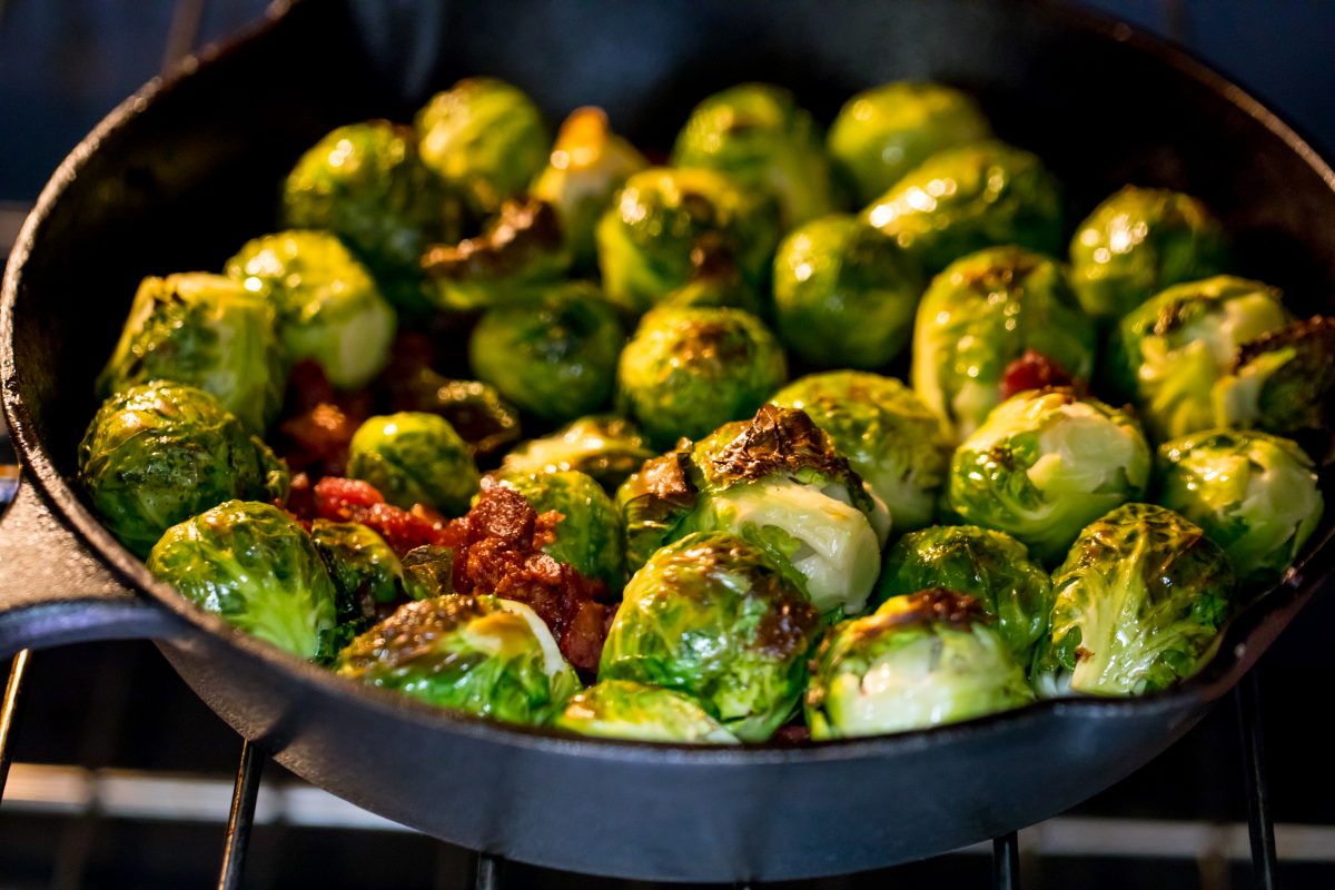 Brussels sprouts and bacon roasting together
