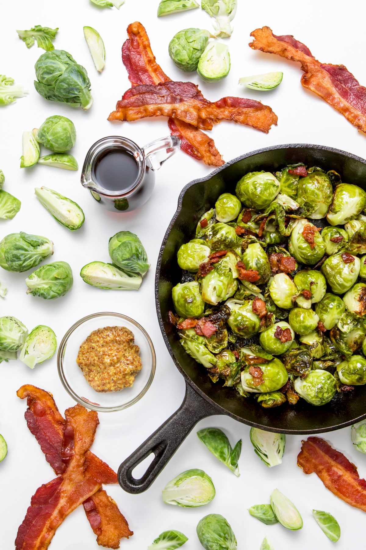 Overhead shot of maple bacon roasted Brussels sprouts