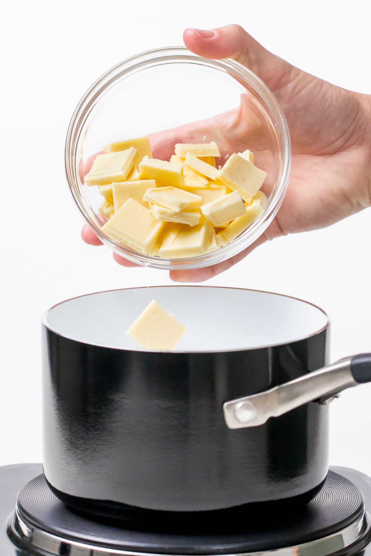 In a saucepan over low-medium heat, whisk together chopped white chocolate and a half-cup of whole milk
