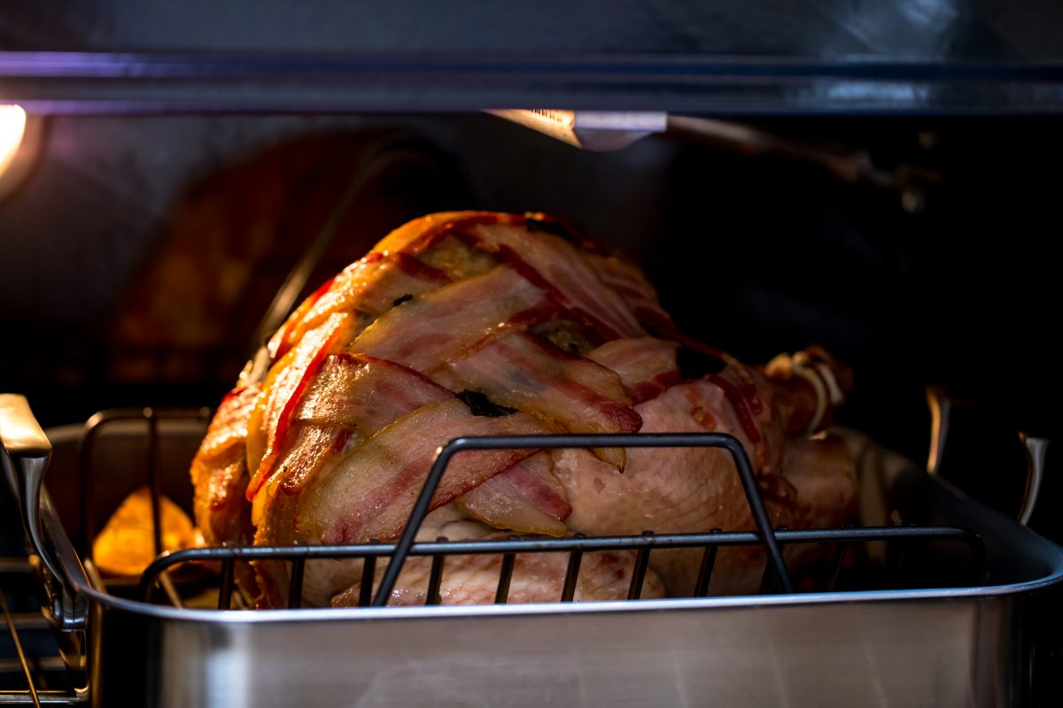 5D4B9718 - Bacon Wrapped Turkey - turkey roasting in the oven
