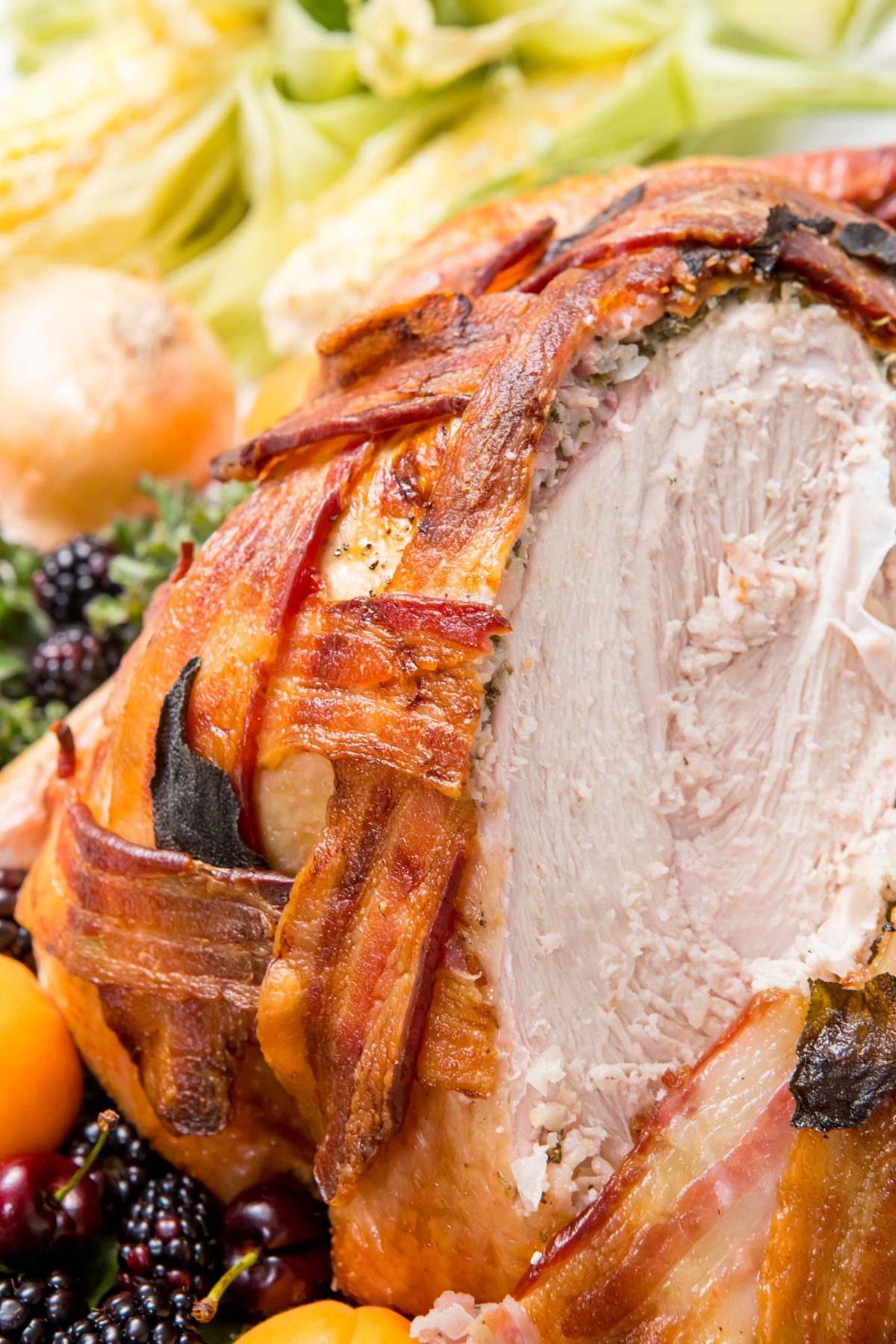 5D4B9791 - Bacon Wrapped Turkey - close-up of cooked bacon wrapped turkey
