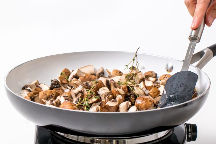 5D4B1808 Tofurky with Mushroom Stuffing Gravy - Cook the aromatics and mushrooms