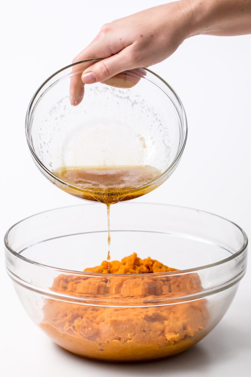 5D4B6228 - Maple Brown Butter Mashed Sweet Potatoes - Add the brown butter and spices to the sweet potatoes