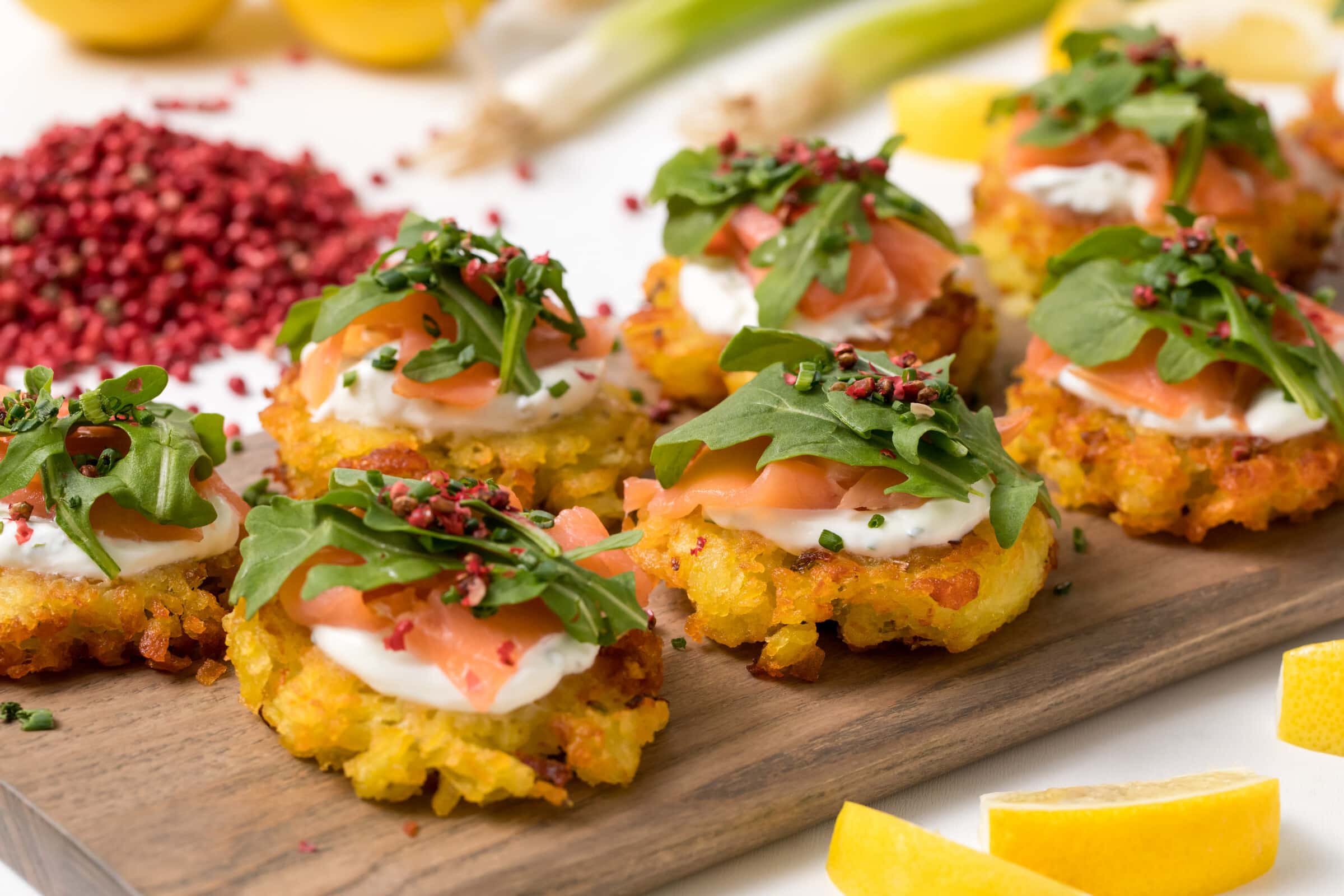 Smoked Salmon Potato Cakes With Herbed Cream Pink Peppercorns Are The Perfect Holiday Party Appetizer