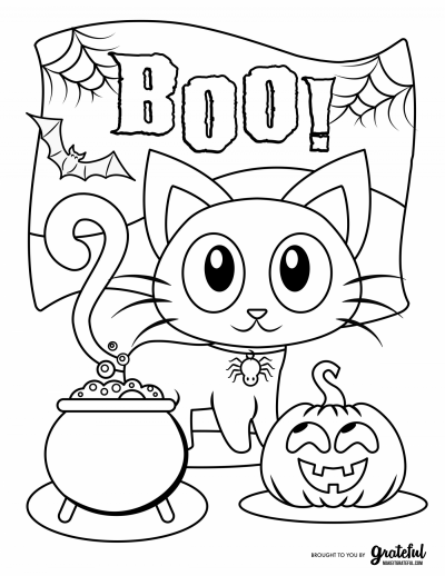 BOO Halloween cat coloring page