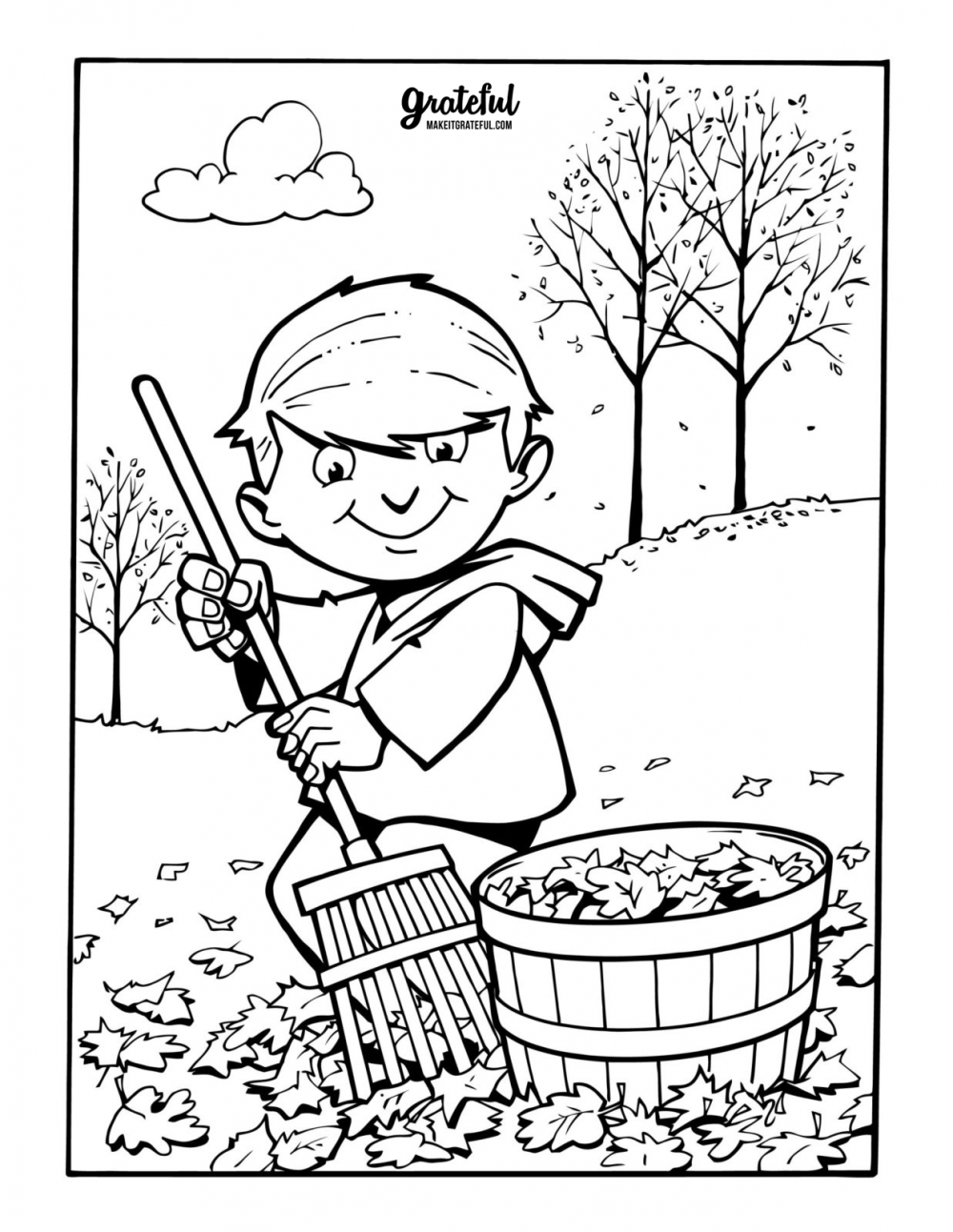 Boy raking leaves - Thanksgiving coloring pages