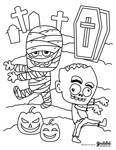 Cemetery Halloween coloring page with monsters
