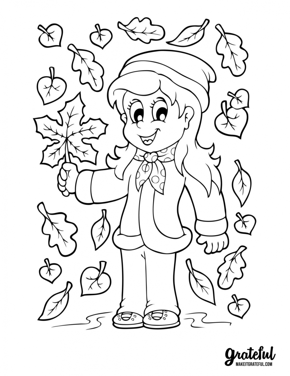Girl in fall leaves - Thanksgiving coloring pages