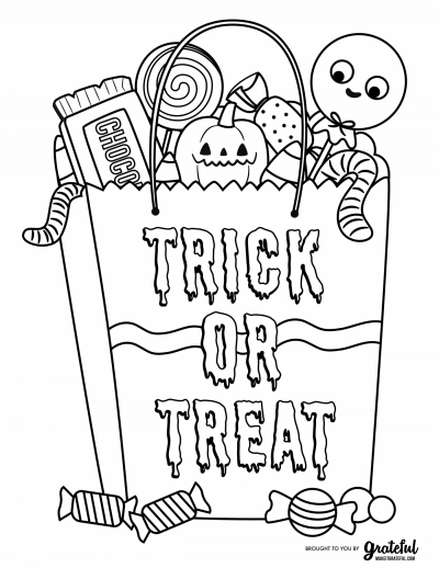 Free Halloween coloring pages - candy bag with treats coloring page