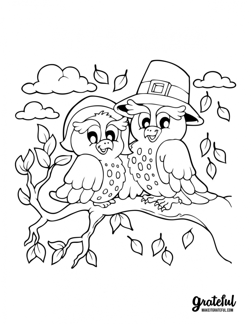 Pilgrim owls - Thanksgiving coloring pages