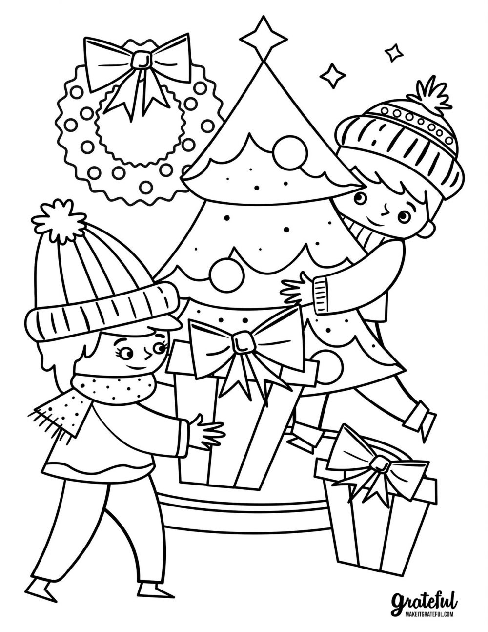 Christmas coloring pages Kids around the Christmas tree
