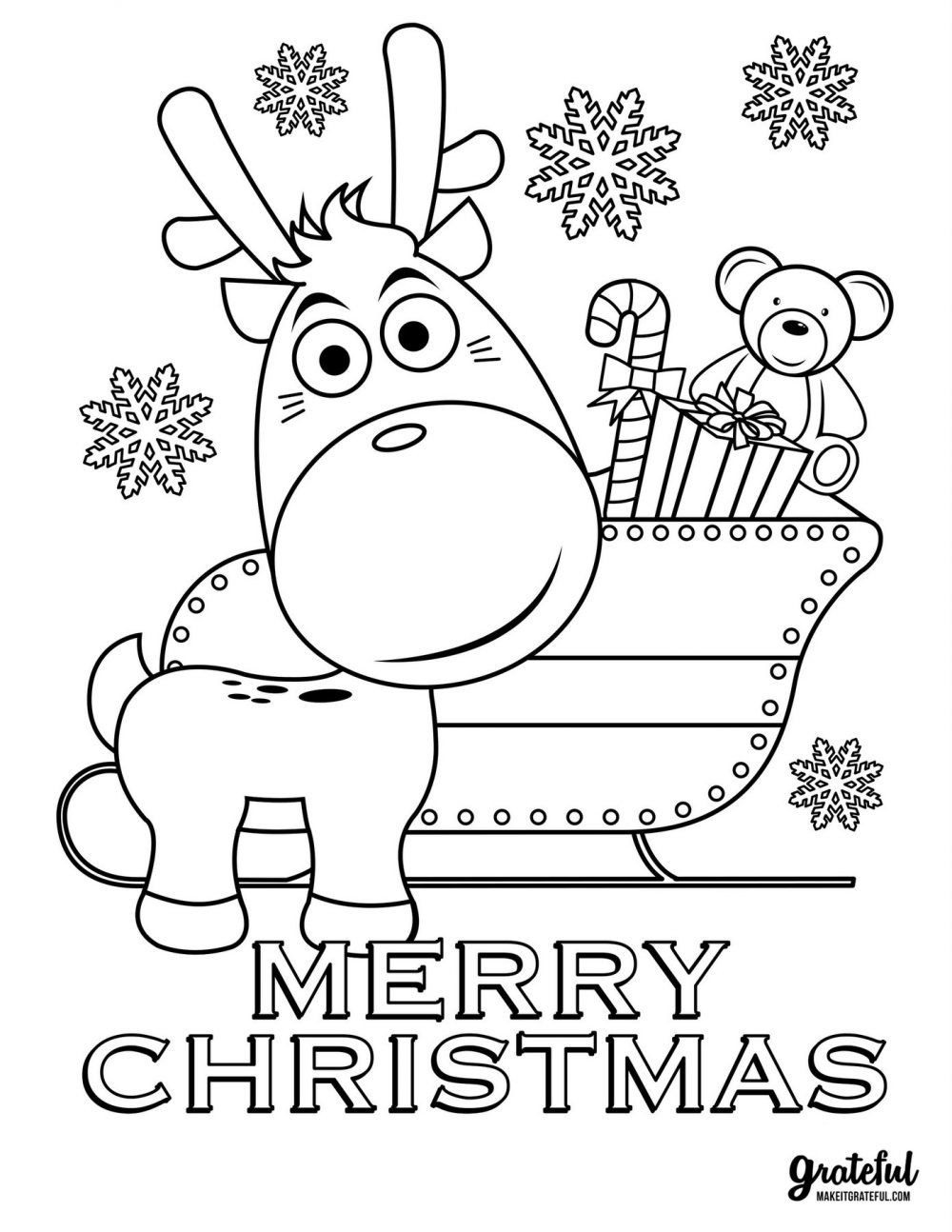 Christmas coloring pages Merry Christmas reindeer and sleigh