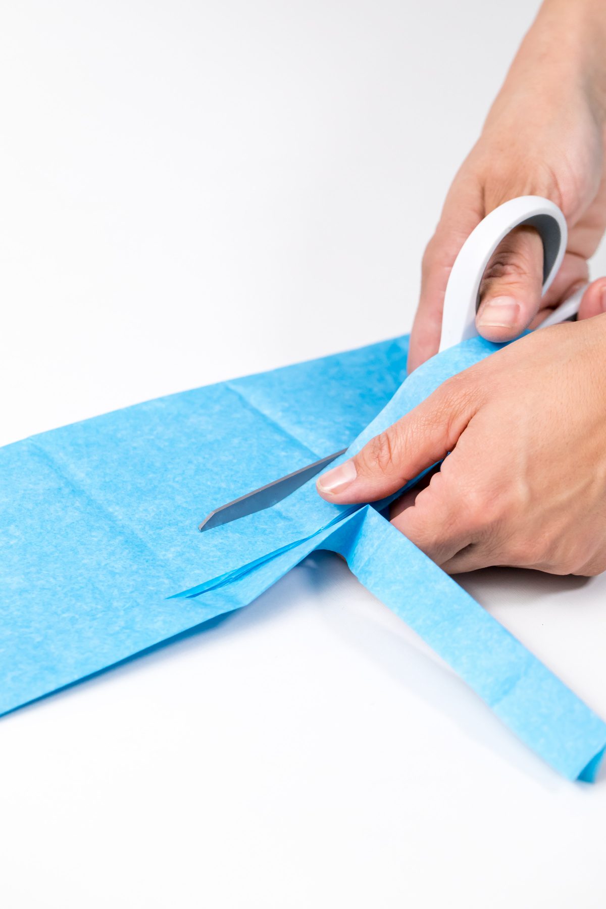 5D4B3482 - Father s Day Banner - cutting blue tissue paper with scissors