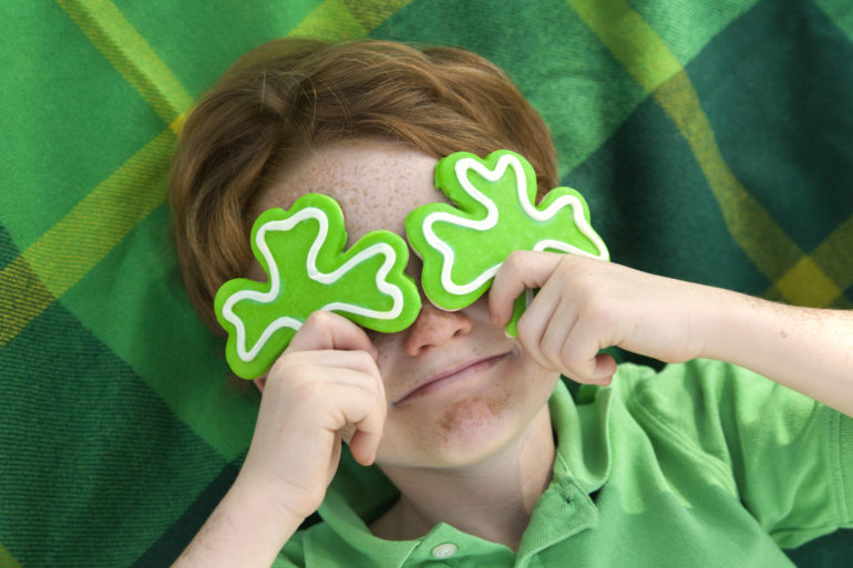 Boy Leprechaun, Smiling Irish Child & St. Patrick's Day Shamrock Cookies