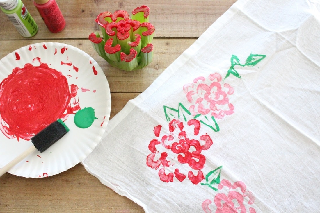 kids Mother's Day craft painting stamped tea towel