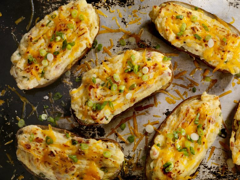 Twice Baked, Stuffed Potatoes with Cheese and Bacon