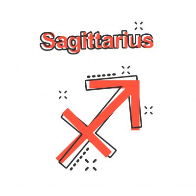 Vector cartoon sagittarius zodiac icon in comic style. Astrology sign illustration pictogram. Sagittarius horoscope business splash effect concept.