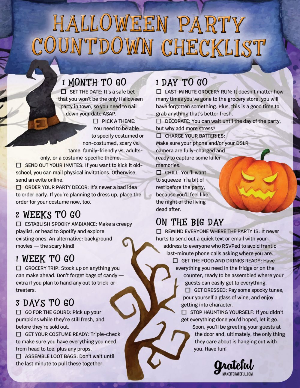 Holiday countdown checklist from Grateful