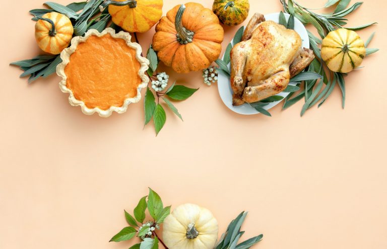turkey pumpkins and pumpkin pie flat lay holiday food
